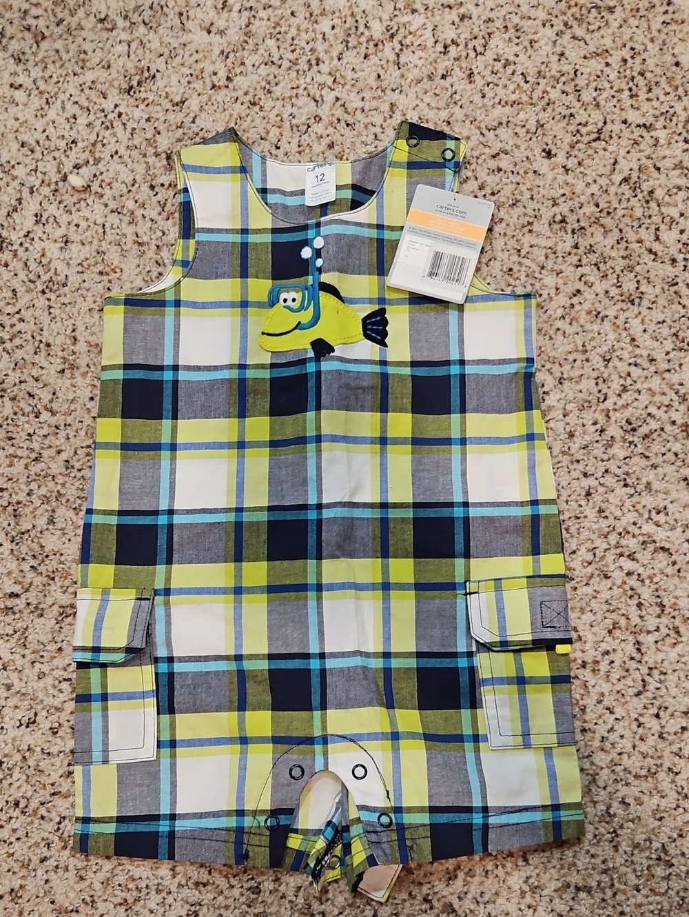 Carter's Plaid Romper with Submarine Appliqué - Lime, Blue, White